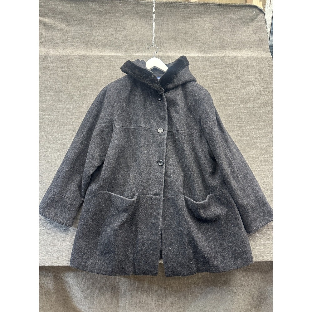 Vintage Herman Kay Coat Womens 2X Gray Wool Lined Hooded Faux Fur Trim Winter